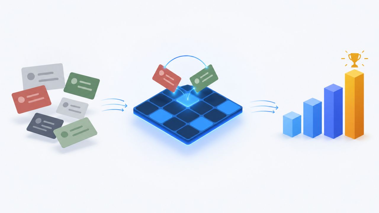 Illustration of the Priority Grid tool: scattered competing priorities being compared head-to-head in a matrix and resolved into a clear ranked list