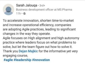 Image featuring Sarah Jalouqa's testimonial on the importance of Agile practices for operational efficiency