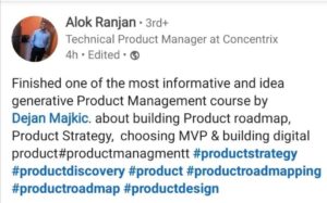 Image featuring Alok Ranjan's testimonial on the informative and idea-generative Product Management Masterclass