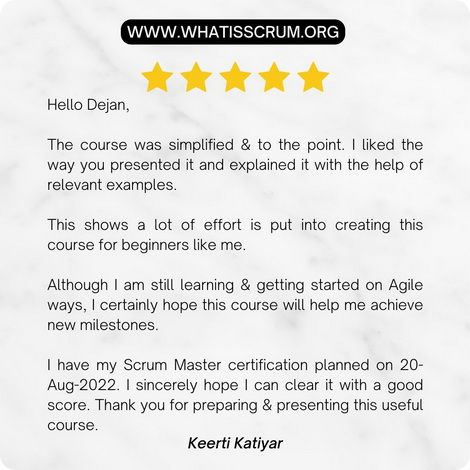 Image featuring Keerti Katiyar's review on the simplified and effective teaching approach of the Agile and Scrum Masterclass