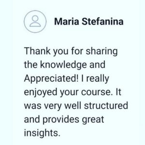 Image featuring Maria Stefanina's review expressing gratitude for the well-structured Masterclass and valuable insights gained