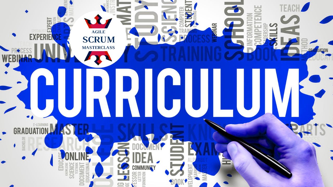 Image offering a Agile and Scrum Masterclass Curriculum, diverse lectures and modules of the Agile and Scrum Masterclass